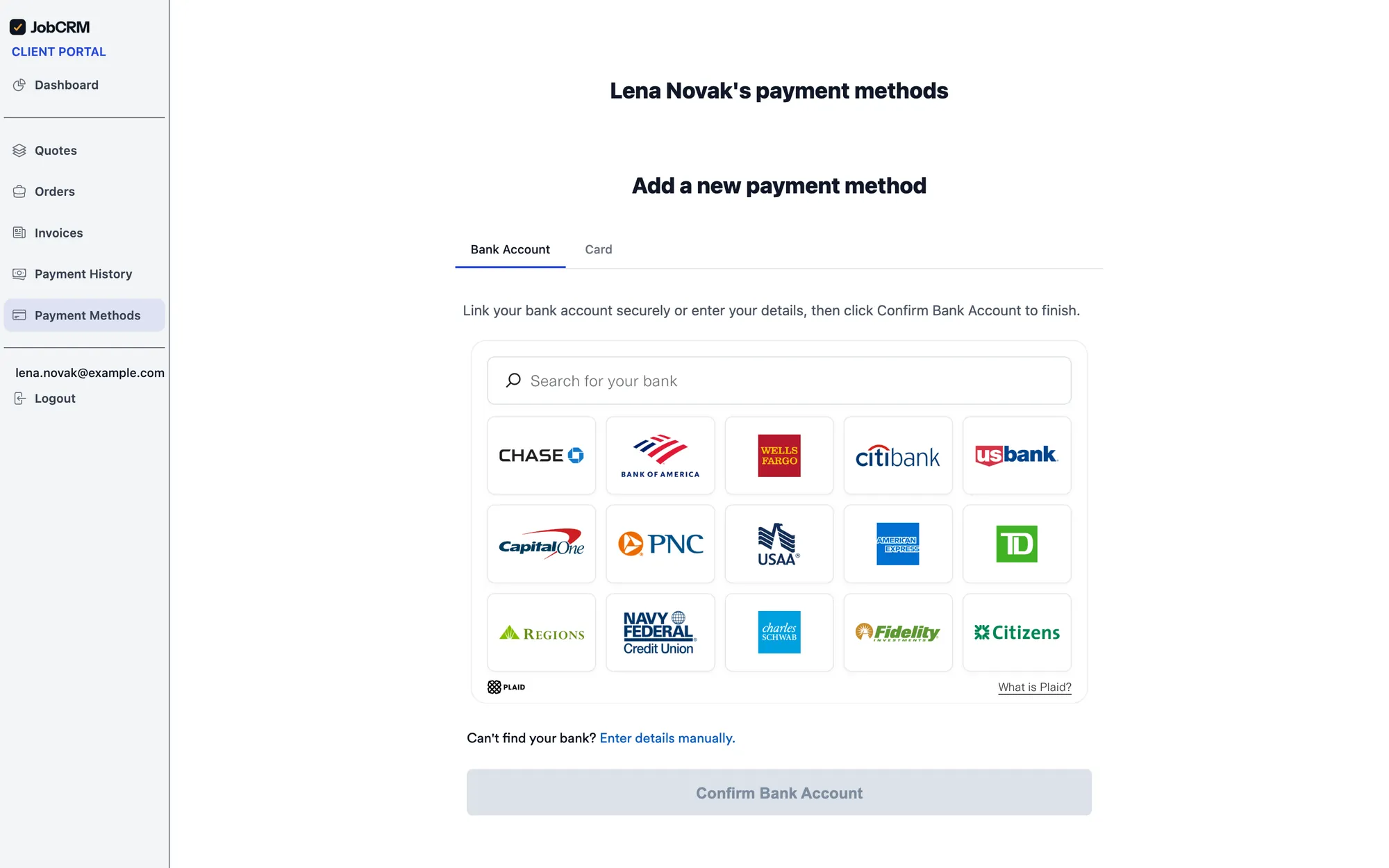 A client paying an invoice by bank transfer in their JobCRM client portal