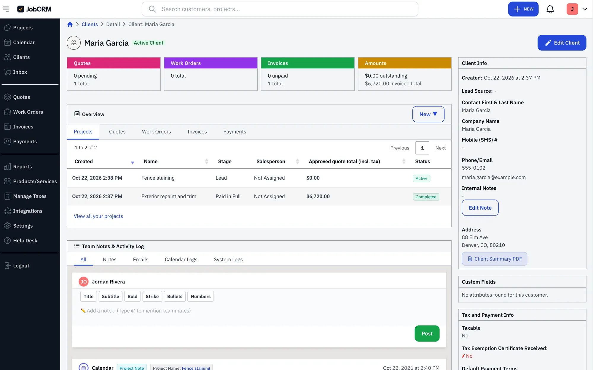 A client record in JobCRM with projects, quotes, invoices and notes