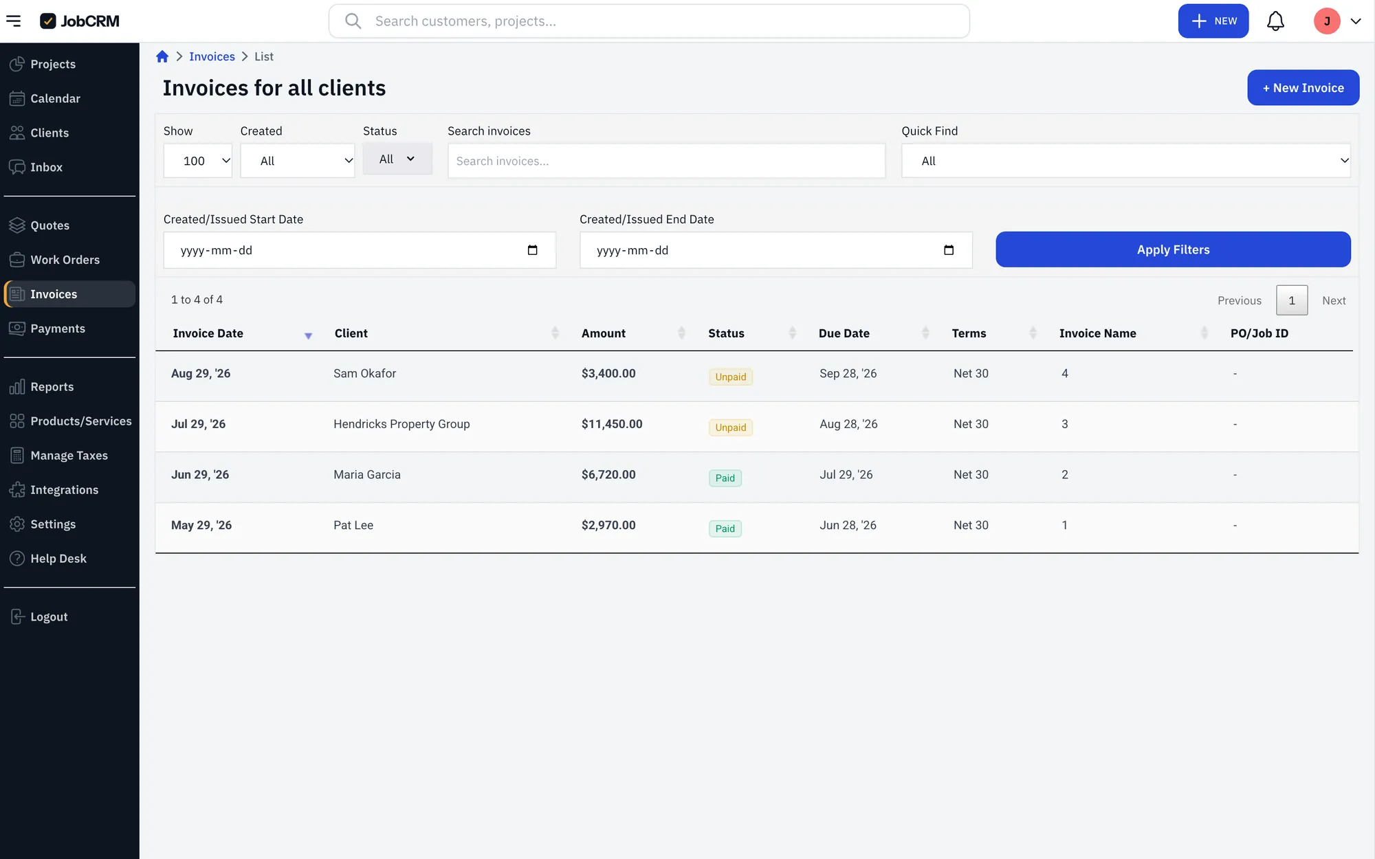 The JobCRM invoice list with paid and unpaid invoices