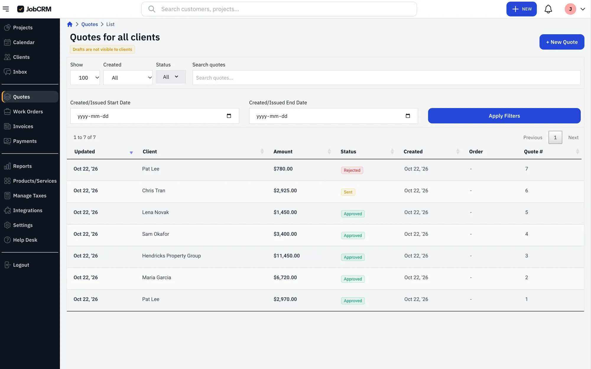 The JobCRM quote list showing sent, approved and declined quotes