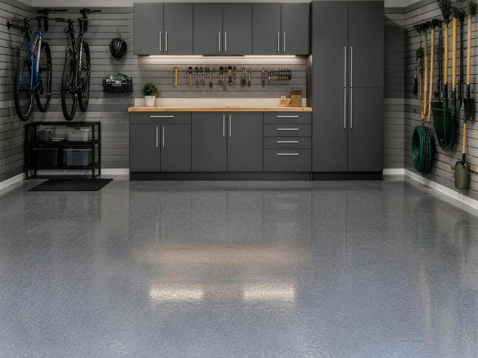 A finished garage with grey cabinets, slatwall, a butcher-block workbench and an epoxy floor